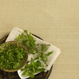 Asian herbs, including corriander and mint leaves on linen tablecloth