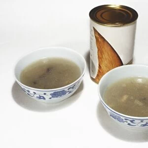 Two bowls and a tin of shark fin soup
