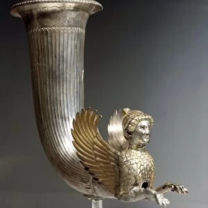 Bulgaria, Razgrad, Rhyton (drinking vessel) in the shape of a sphinx protome (bust), decorated with ivy leaves on the neck, from the Borovo treasure, gold and silver