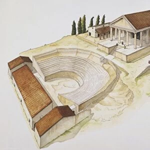 Illustration representing reconstruction of sanctuary at Pietrabbondante, Isernia province, Samnite Molise region, Italy, 2nd century BC