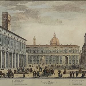 Italy, Bologna, Piazza Maggiore or Piazza Grande, by Pio Panfili, engraving