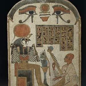 Painted wood stele depicting Amon musician playing harp before god Ra-Harakhty, Third Intermediate Period, Dynasty XXI