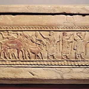 Sperandio sarcophagus with travel scenes, male characters and small herd of goats and cattle from Necropolis of Sperandio in Perugia, Italy