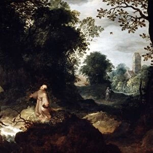 St Francis in a Rocky Landscape oil on wood. Abraham Govaerts (1589-1626) Flemish
