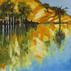 Trees Reflected in a Lake with Morning Sunlight Original Landscape Artwork