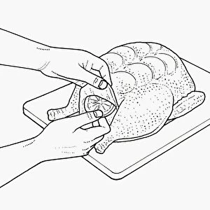 Black and white illustration of flavouring raw chicken with slices of lemon positioned below breast