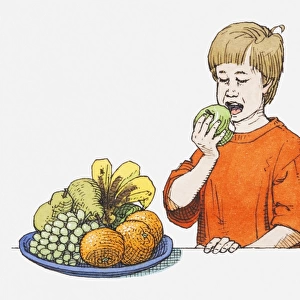 Illustration of boy with open mouth about to take bite out of a green apple