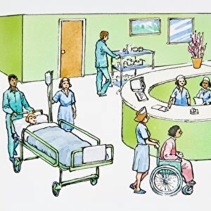Illustration of nurse work station, porter pushing patient in bed, nurse wheeling patient in wheelchair, porter pushing food trolley in busy hospital