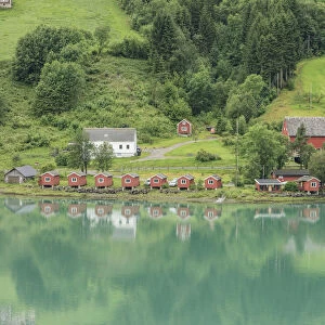 Rural scene with wooden buildings by fjord, Architecture, Olden, Norway