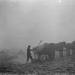 A farmer spreads manure from a horse and cart on a February morning in Allington, Kent
