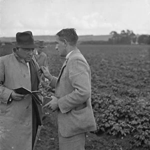 Potato demonstration, Cottons farm. Mr J N Sharrock holding the scales. Mr C