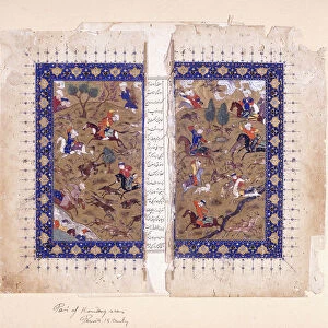 A bifolio depicting hunting scenes, late 15th century (gouache with gold paint on paper)