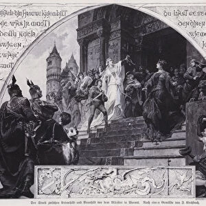 The dispute between Kriemhild and Brunhild outside the cathedral of Worms (engraving)