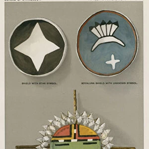 Native American shields - shield with star symbol, Soyaluna shield with unknown symbol, symbolic sun shield (colour litho)