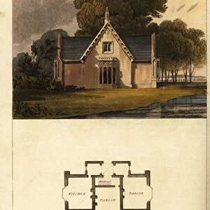 Plan and elevation of a Regency Era bailiffs cottage, 1817 (engraving)