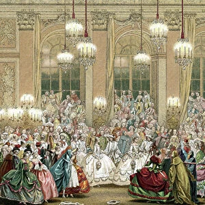 Representation of a masquerade at the court of king Louis XV, 18th century Engraving from " 18th century - Institutions: usages et costumes, France" by Paul Lacroix, 1880 Collection privee