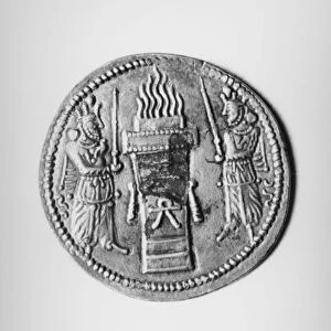 Reverse of a coin of Shapur II (310-79) depicting a sacrificial fire altar