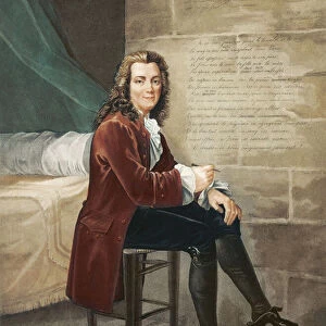 Voltaire imprisoned in the Bastille writing the La Henriade in 1728 (coloured engraving)