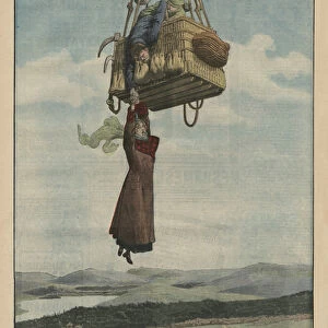 A woman falling down from the gondola of a balloon, back cover illustration