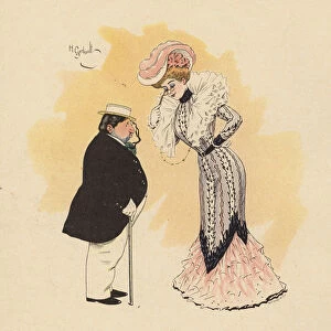 Woman mocking a stockbroker for his diminutive stature (colour litho)