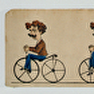 A Zoetrope band depicting a cyclist (coloured engraving)