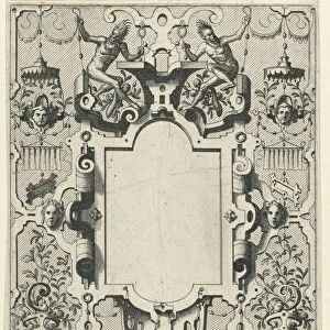 Cartouche in a frame of scroll work with grotesques, Johannes or Lucas van Doetechum