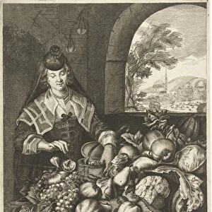 September represented as woman at table laden with fruits and vegetables, Cornelis