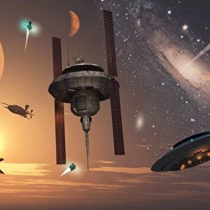 Spaceships used by different alien races are scattered throughout the galaxy