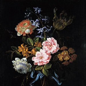 Bouquet of poppy anemones, roses, double campernelle, a hyacinth, a tulip and auricula tied with a b Artist: Monnoyer, Jean-Baptiste (1636-1699)