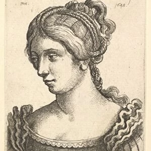 Bust of a woman looking downwards towards left with elaborately decorated hair, 1648