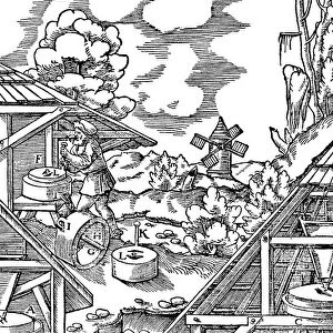 Crushing gold bearing ores in mills similar in principle to flour mills, 1556