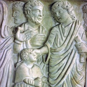 Depiction of Jesus healing a blind man on an early Christian sarcophagus, 4th Century