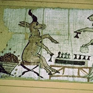 Detail from the Egyptian satirical papyrus of a lion and a unicorn playing a board game