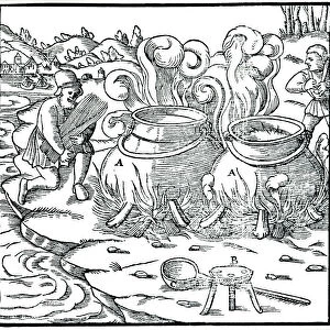 Evaporating sea water in iron pots to obtain salt, 1556