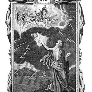 Ezekiels vision of a chariot in the sky and a hand in the clouds holding out a book to him, 1804