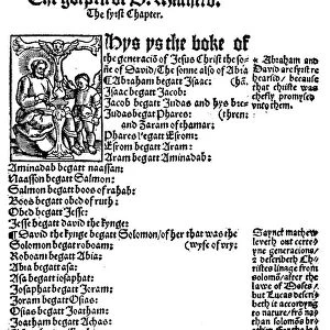 First page of St Matthews Gospel from William Tyndales English New Testament, 1525