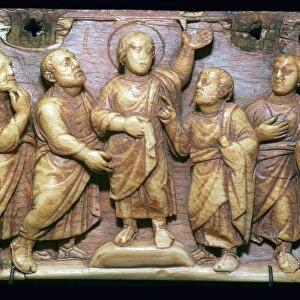 Ivory panel showing the incredulity of Doubting Thomas, 5th century