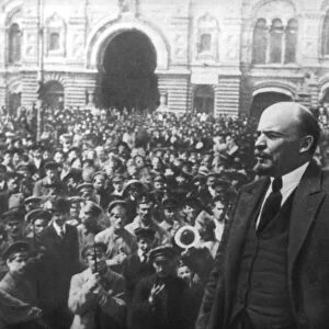 Lenin addressing a crowd in Red Square, Moscow, Russian Revolution, October 1917