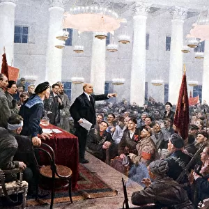Lenin haranguing deputies of the 2nd Soviet Congress, Smolny Palace, St Petersburg, 1917