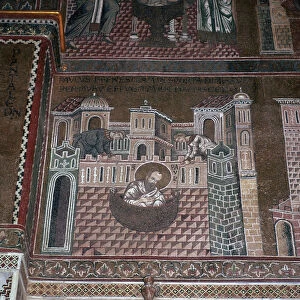 A mosaic showing St Paul escaping from a city in a basket, 12th century
