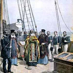 Russian Orthodox priests performing ceremony of naming the yacht of Grand Duke Alexis, 1891