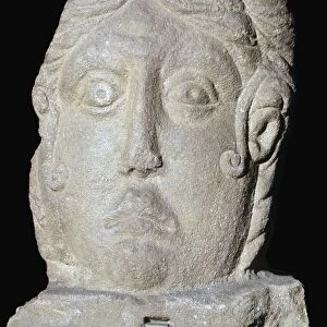 Stone female head, Roman Britain, 1st-4th centuries, from Towcester, Northamptonshire