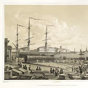Unloading two column at the Admiralty (From: The Construction of the Saint Isaacs Cathedral), 1845. Artist: Montferrand, Auguste, de (1786-1858)