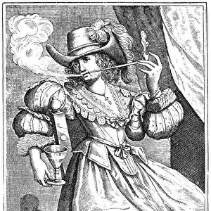 Young woman smoking a clay pipe and holding a wine glass, 17th century