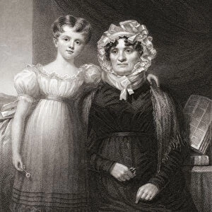Jean Armour, 1765 - 1834. Scottish wife of poet Robert Burns. She gave Burns nine children of whom only three survived to adulthood. The girl standing beside Mrs. Burns is one of her grandchildren. After an engraving by WIlliam Holl