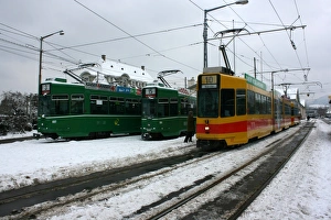 Swiss trams at BVB Basel depot, Switzerland Swiss trams at BVB Basel depot, Switzerland