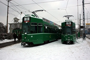 Swiss trams at BVB M-Parc depot, Basel, Switzerland Swiss trams at BVB M-Parc depot, Basel, Switzerland