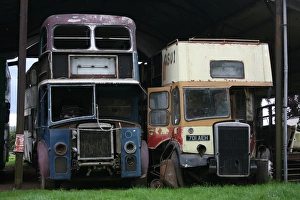 Vintage buses at Bishops Lydeard station, Somerset, UK