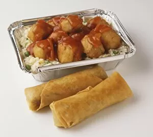 Sweet and Sour Pork with Fried Rice and Spring Rolls